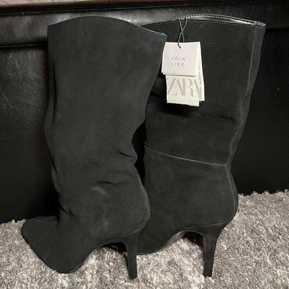NWT Zara Cowboy Split Leather Heeled Boots - Picture 7 of 10